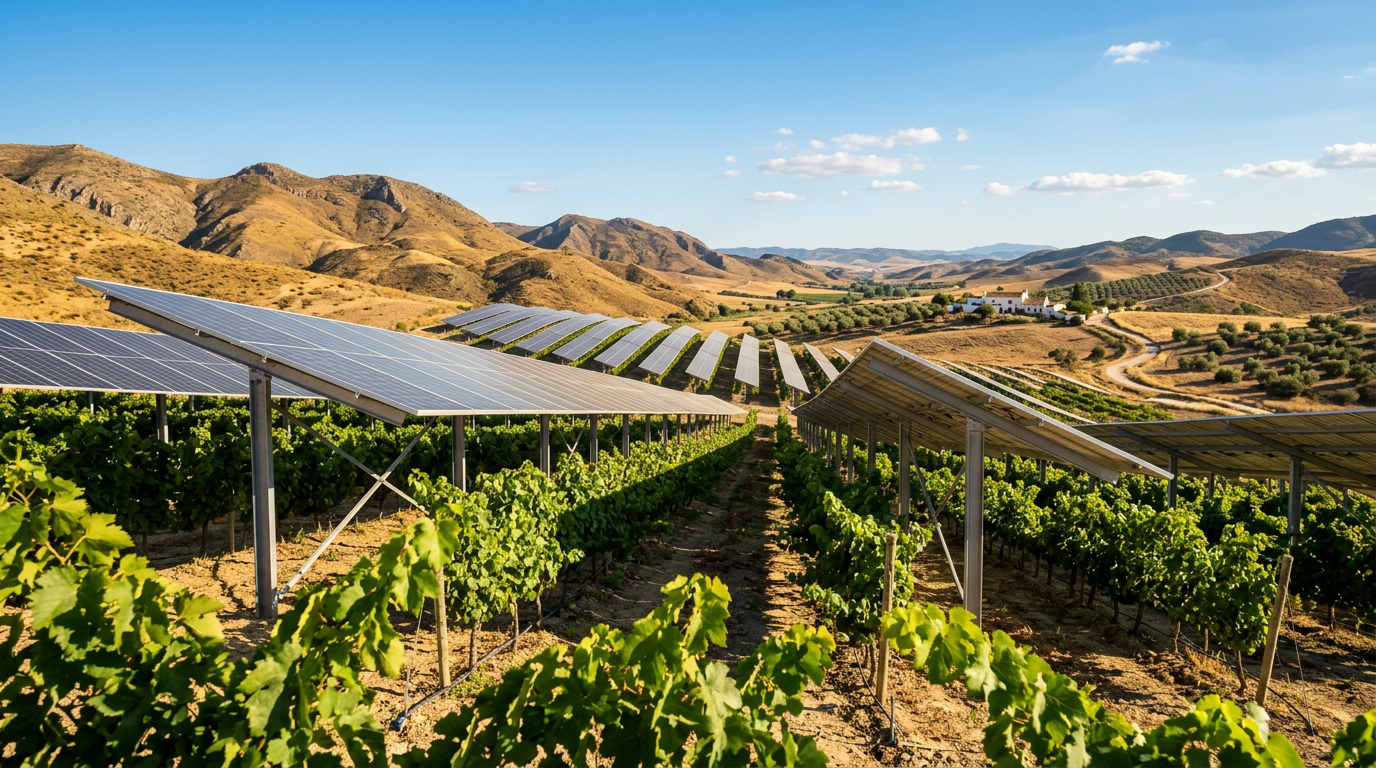 Cultivos de hortalizas creciendo bajo hileras de paneles solares elevados en un campo árido de España, demostrando el concepto de agrovoltaica.