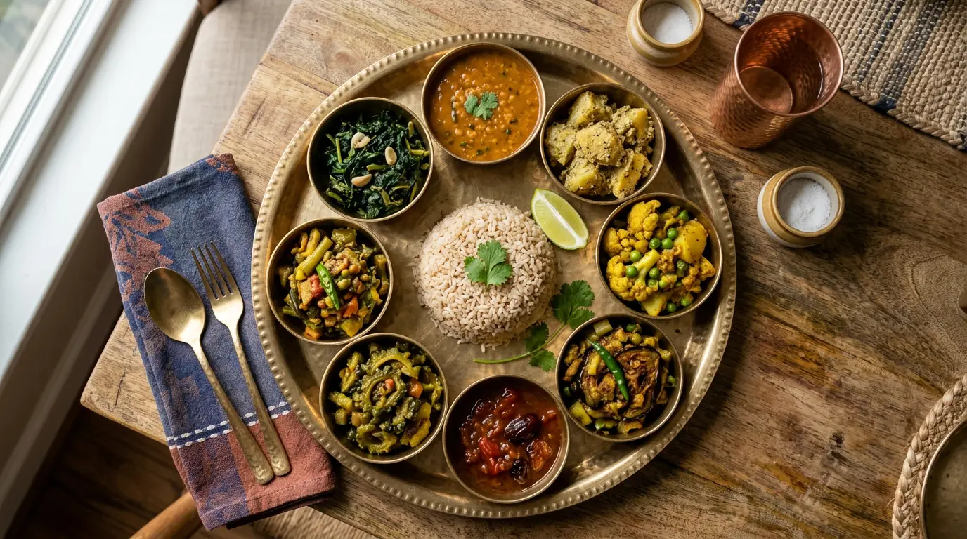 একটি ঐতিহ্যবাহী বাঙালি খাবারের থালা যাতে ভাত, ডাল এবং বিভিন্ন রঙিন সবজির পদ রয়েছে, যা খাদ্যে ফাইবারের বৈচিত্র্যকে তুলে ধরে।