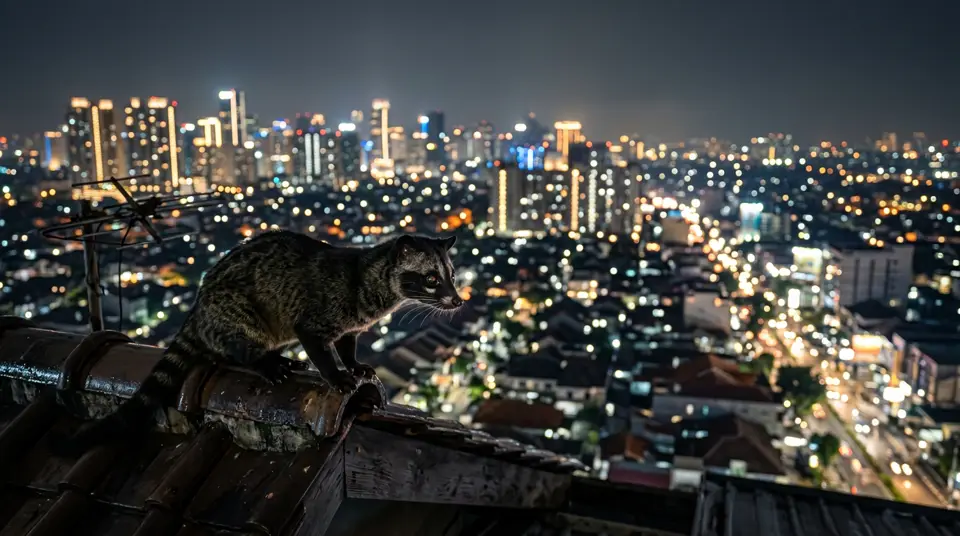 Seekor musang pandan di malam hari sedang berada di atas atap genteng, dengan latar belakang lampu kota yang kabur dan hangat.
