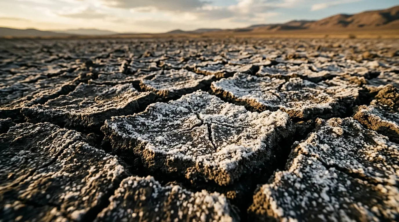 Cracked brown earth with visible white salt deposits, showing the devastating effect of soil salinization on farmland.
