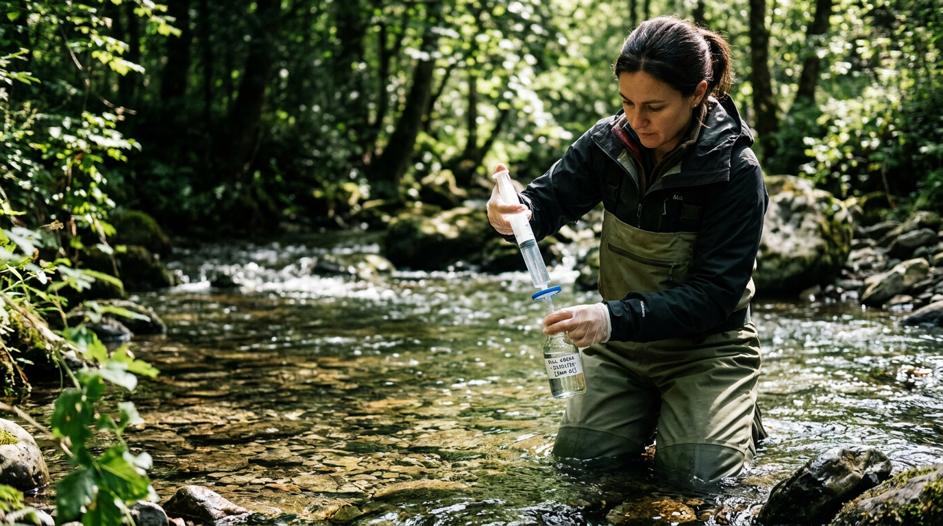 A conservation scientist collecting a water sample from a pristine river to test for environmental DNA evidence of local wildlife.