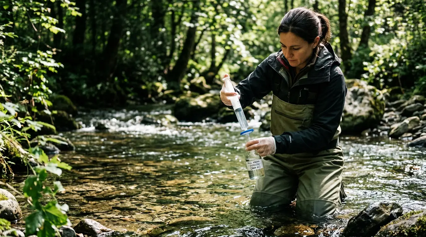 A conservation scientist collecting a water sample from a pristine river to test for environmental DNA evidence of local wildlife.