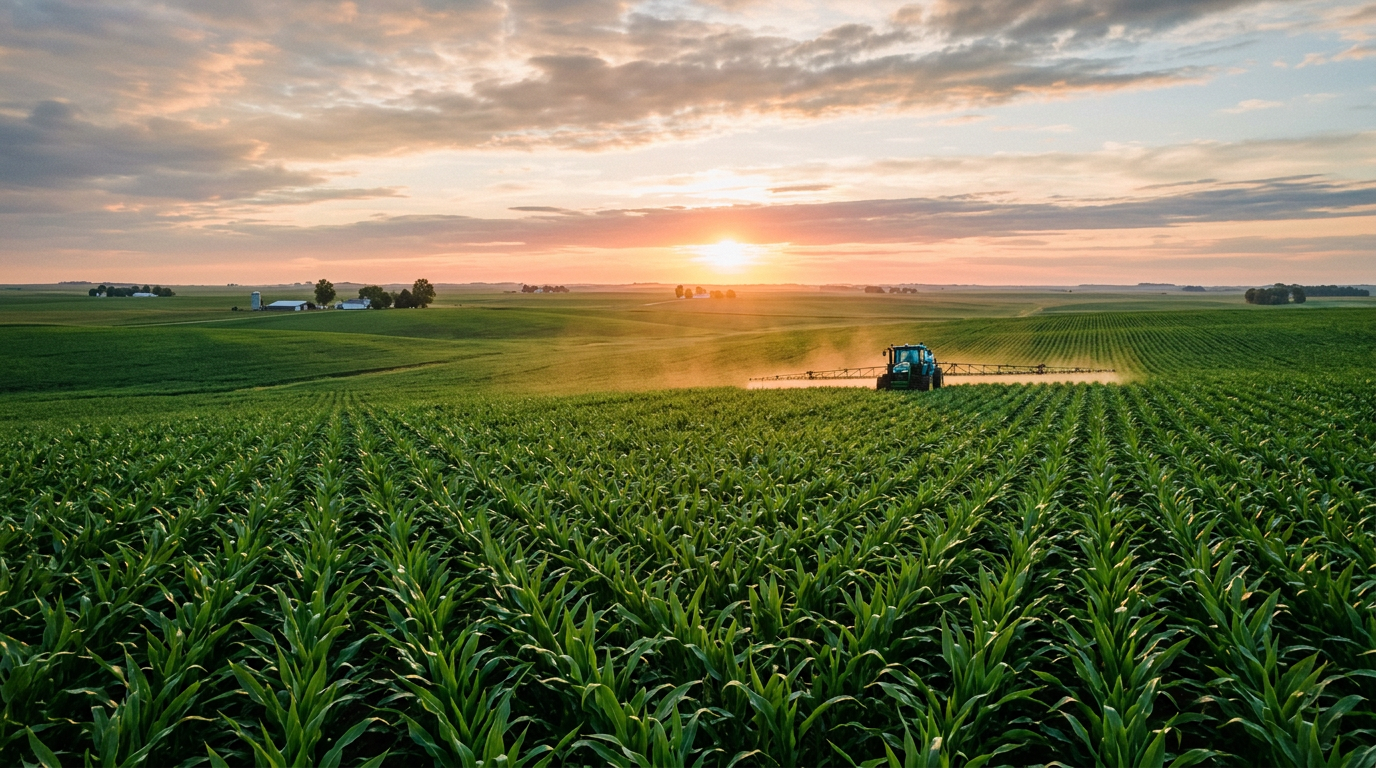 An aerial view of a sprawling green agricultural field, showing the industrial scale of modern farming and fertiliser application at sunrise.