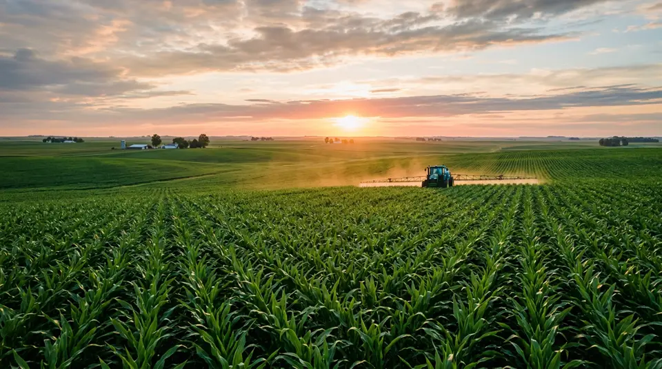 An aerial view of a sprawling green agricultural field, showing the industrial scale of modern farming and fertiliser application at sunrise.