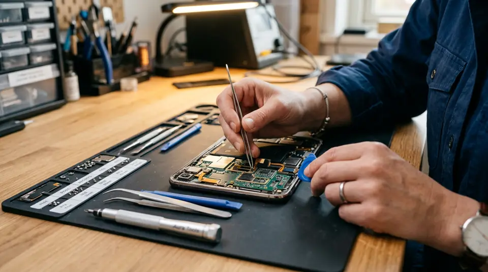 Hands using precision tools to repair the inside of an open laptop, illustrating the concept of the right to repair electronics and reduce e-waste.