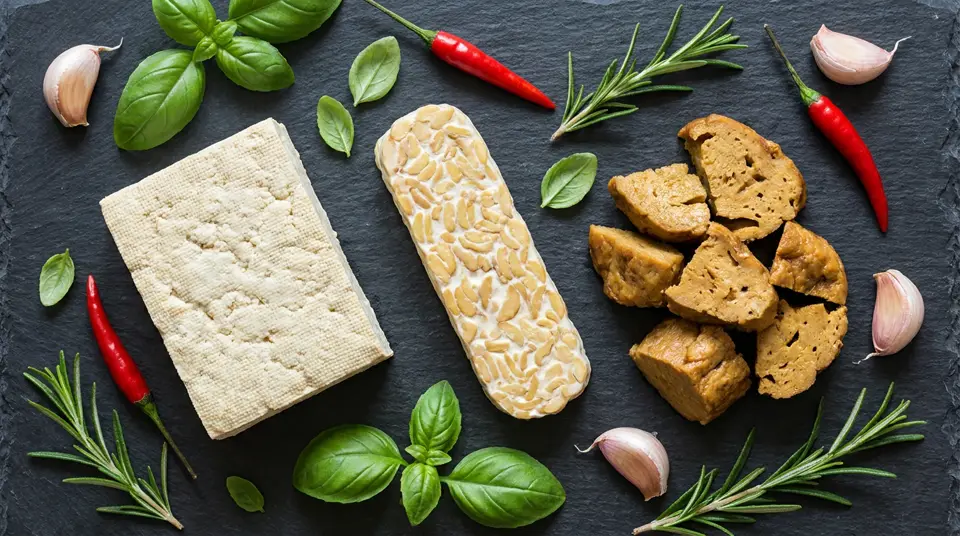 Confronto visivo tra un blocco di tofu, del tempeh e pezzi di seitan, illustrando il dibattito tofu vs tempeh vs seitan su un piano di lavoro da cucina.