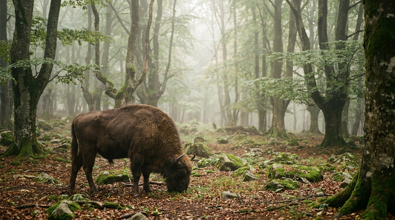 Ein europäischer Wisent in einem nebligen Buchenwald, ein Beispiel, das Rewilding erklärt und die Rückkehr der Wildnis in Europa zeigt.