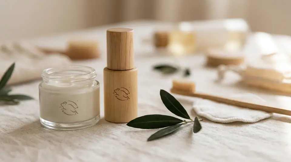 Các sản phẩm làm đẹp được sắp xếp tinh tế, minh họa cho cách mua mỹ phẩm nhân đạo thông qua việc nhận diện các logo chứng nhận.