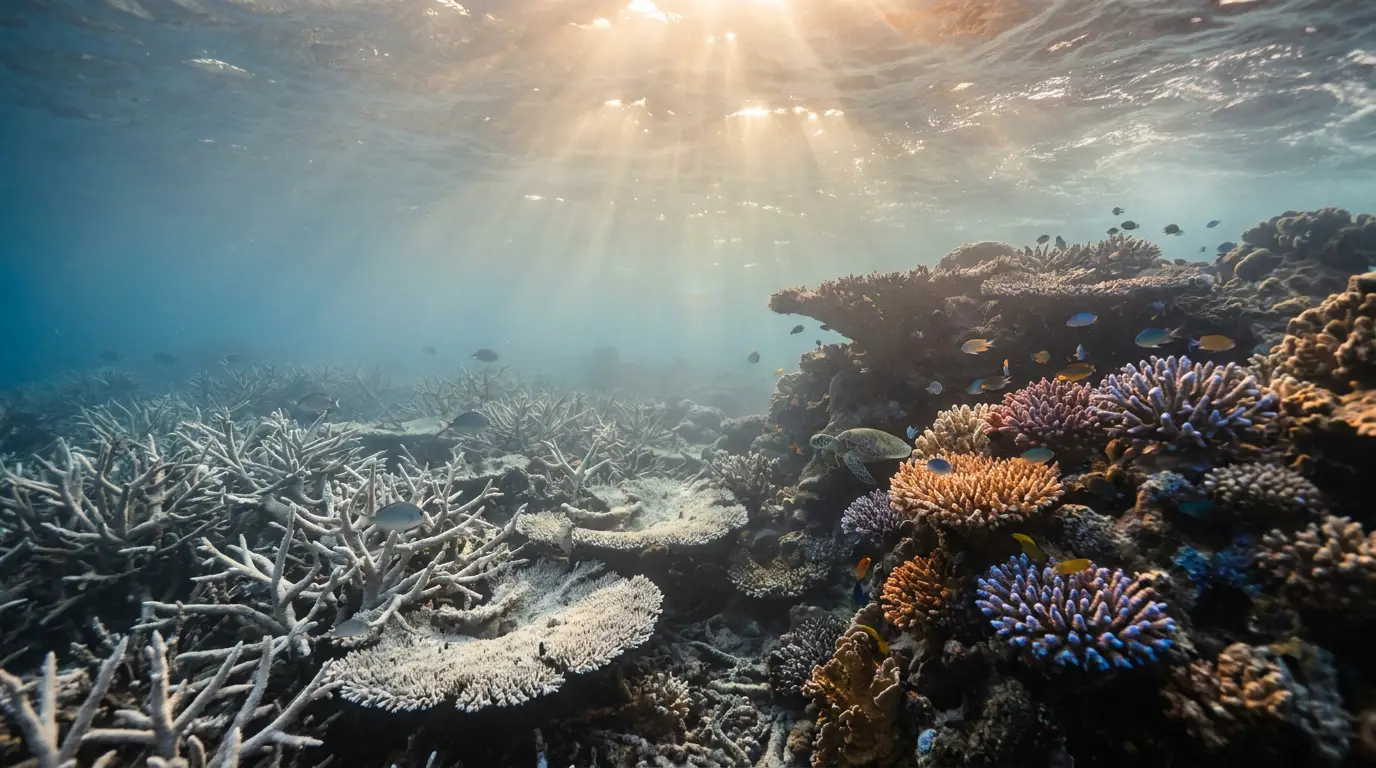 健全なサンゴと白化したサンゴが並ぶ水中写真。海洋生物多様性の損失の危機と回復への希望を象徴している。