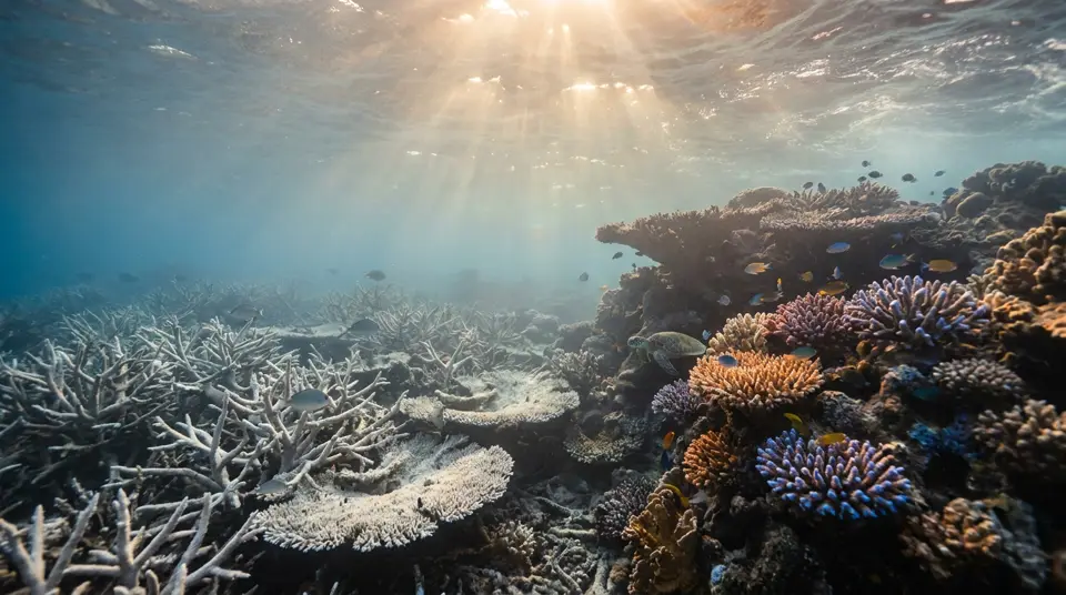 健全なサンゴと白化したサンゴが並ぶ水中写真。海洋生物多様性の損失の危機と回復への希望を象徴している。