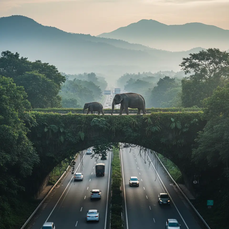 வாகனங்கள் செல்லும் நெடுஞ்சாலைக்கு மேலே பசுமையாகக் காணப்படும் வனவிலங்கு வழித்தடத்தில் யானைகள் கடந்து செல்கின்றன; இது வாழிட இணைப்புக்கு ஒரு சிறந்த எடுத்துக்காட்டு.