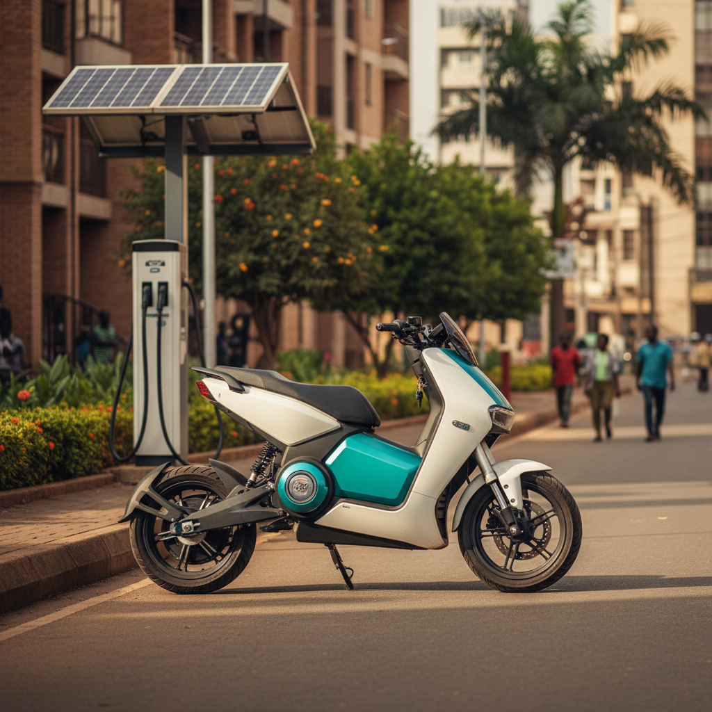 Pikipiki ya umeme (boda boda) ikiwa imeegeashwa, ikionyesha mustakabali wa usafiri endelevu mijini.