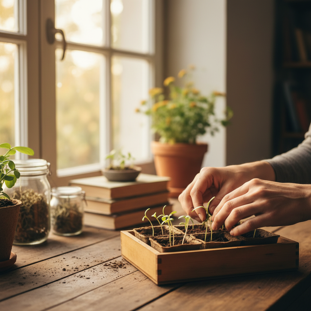 Mani che si prendono cura di piccole piante, a simboleggiare uno stile di vita sostenibile e vegetale.