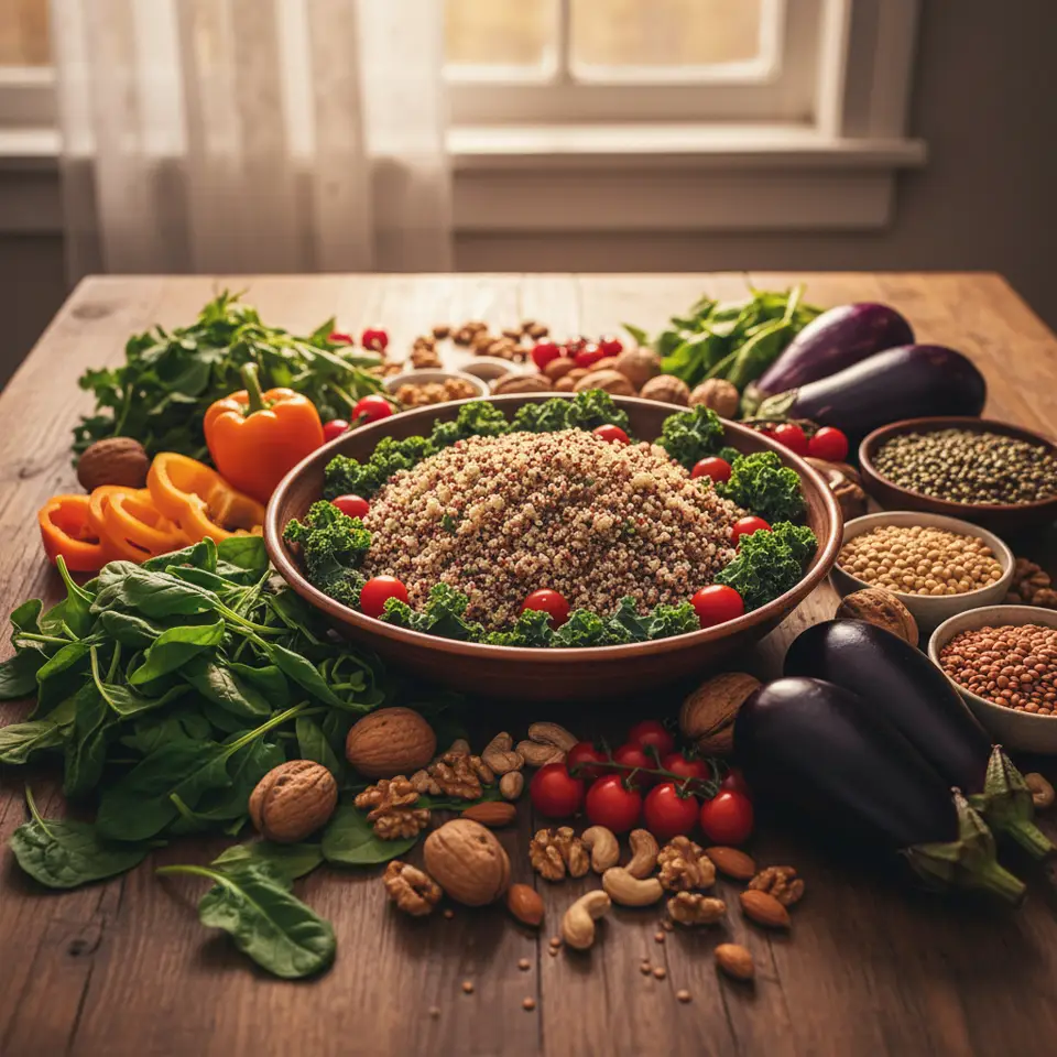 مجموعه‌ای رنگارنگ از غذاهای کامل گیاهی برای یک رژیم غذایی گیاهی سالم و پیشگیری از بیماری قلبی چیده شده روی یک میز چوبی.