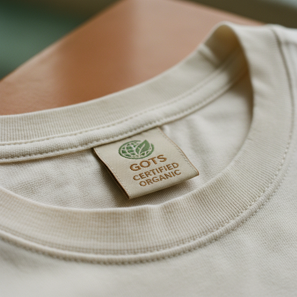 GOTS認証ラベルが付いたオーガニックコットンのTシャツ。環境に優しい服の信頼性を示す。