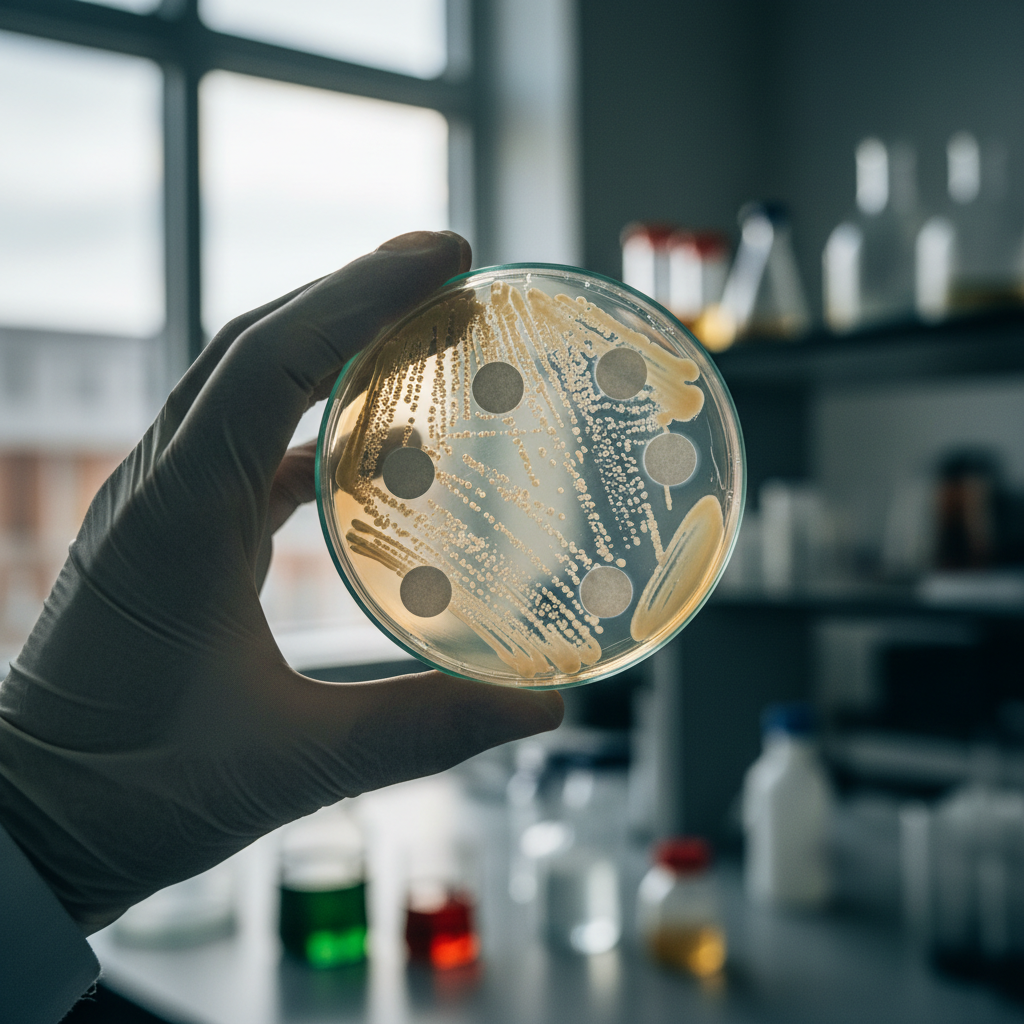 Cawan petri di laboratorium menunjukkan tes resistensi antibiotik pada bakteri.