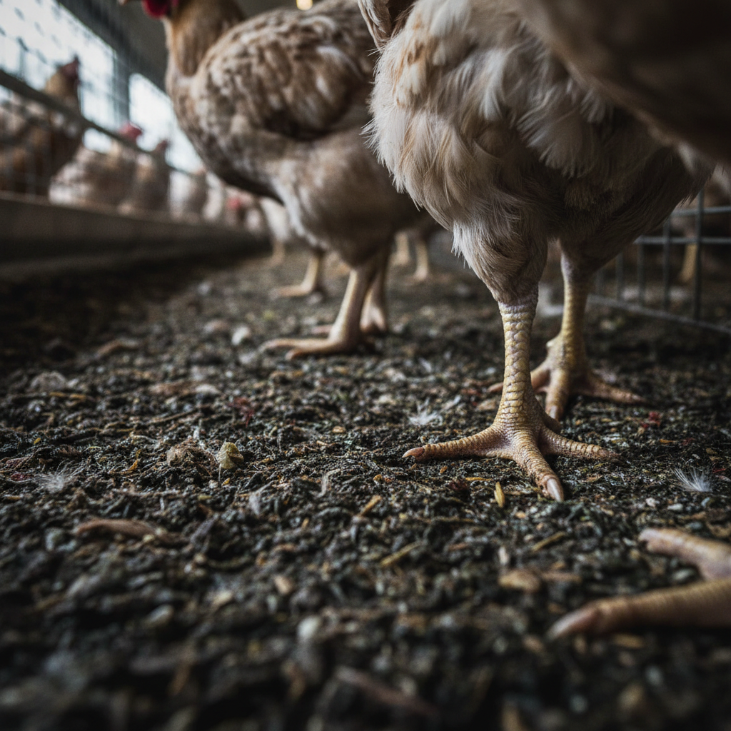 Kaki ayam broiler yang mengalami luka bakar amonia karena berdiri di atas alas kandang basah di peternakan intensif.