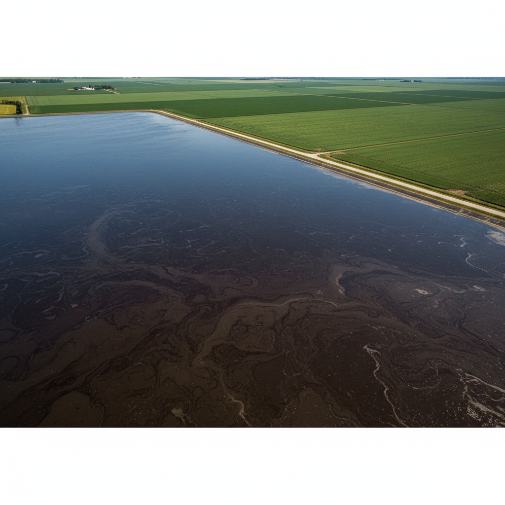 Una enorme laguna de purines y residuos de una granja industrial, ilustrando el problema de la contaminación del agua.