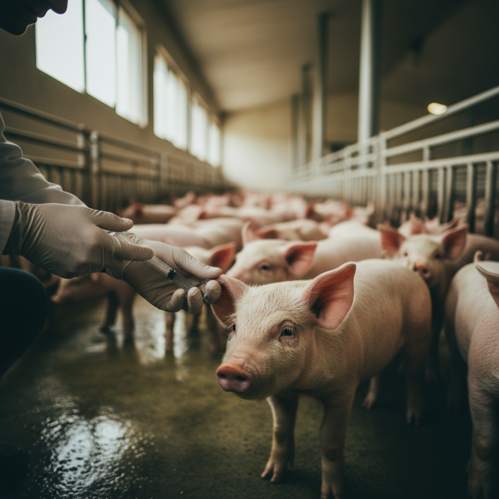 Un lechón recibiendo una inyección como ejemplo del uso de antibióticos en la agricultura animal industrial para prevenir enfermedades.