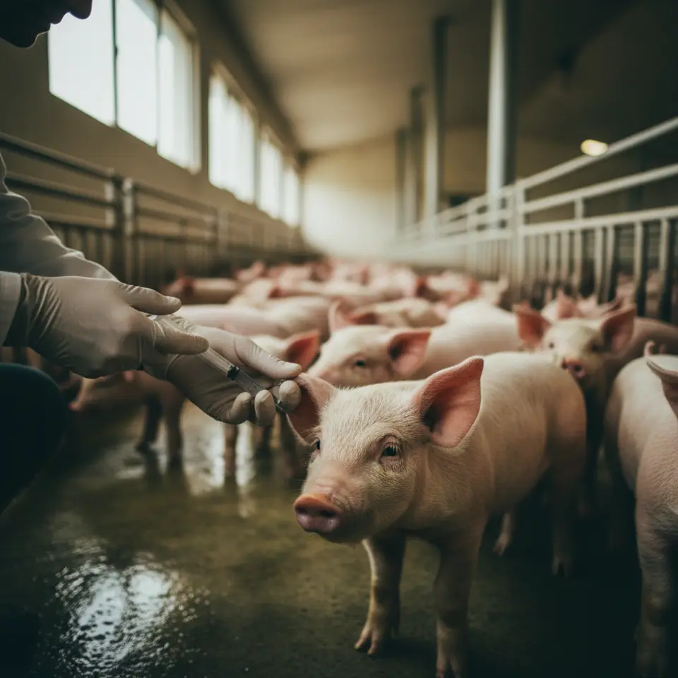 Trabalhadores em uma linha de processamento de matadouro industrial, representando a complexidade dos debates sobre regulamentação do abate religioso.