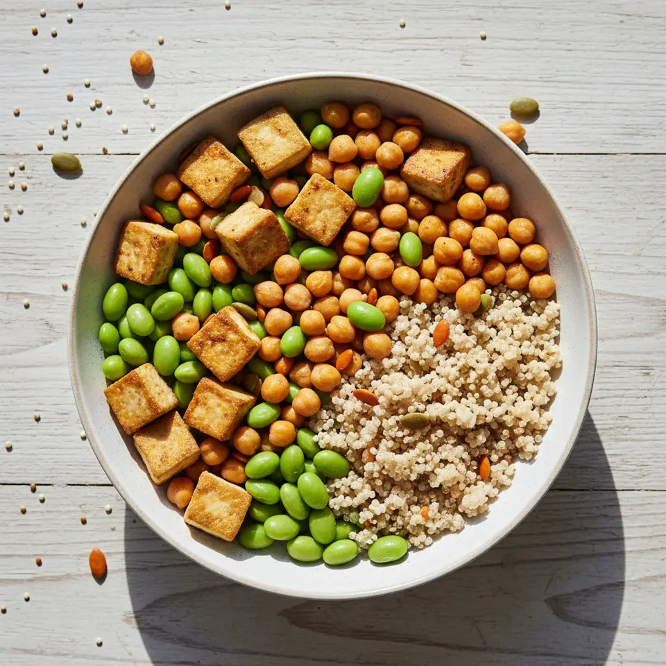一个富含蛋白质的纯素餐碗，准确回答了“纯素食者需要多少蛋白质”这一问题，展示了豆腐、鹰嘴豆和藜麦等多种来源。