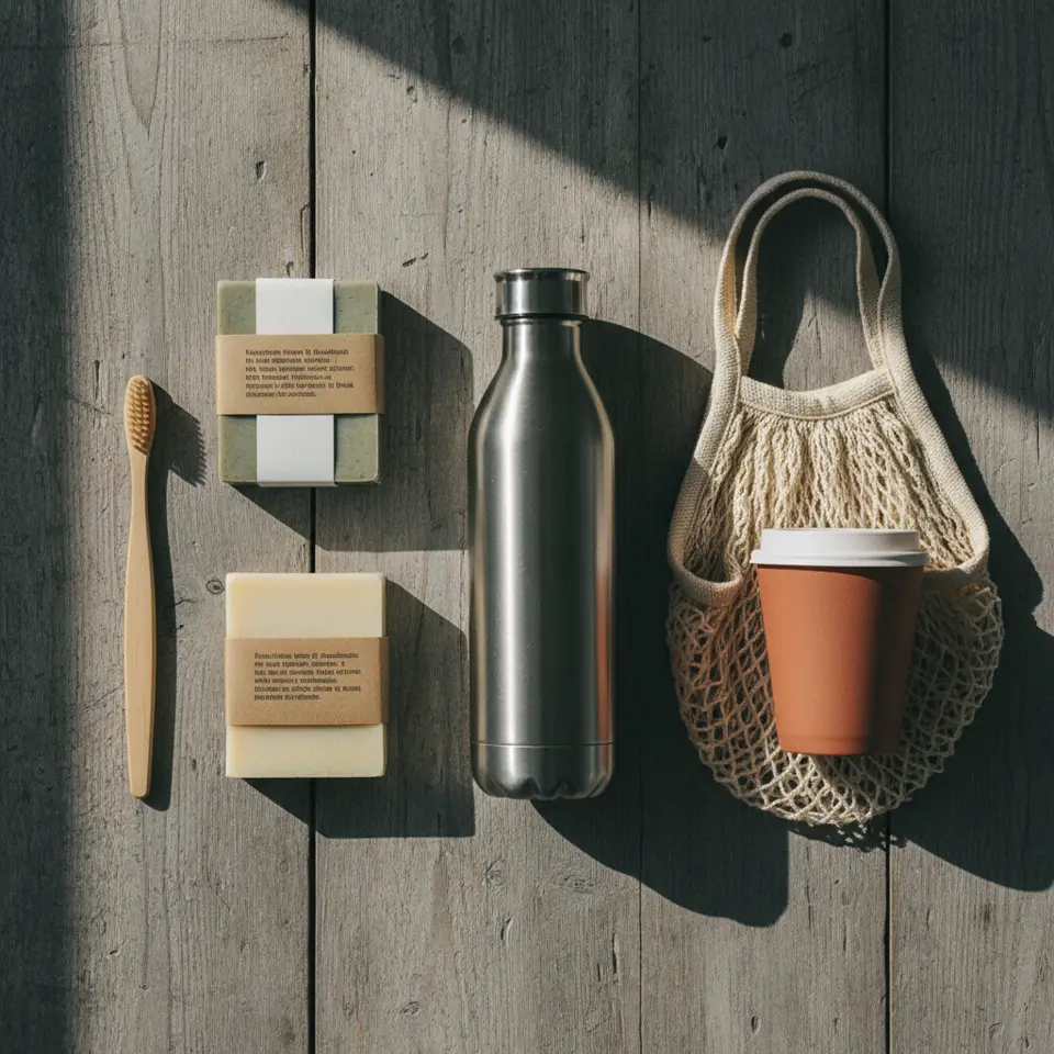 Eco-friendly cleaning products on a modern shelf