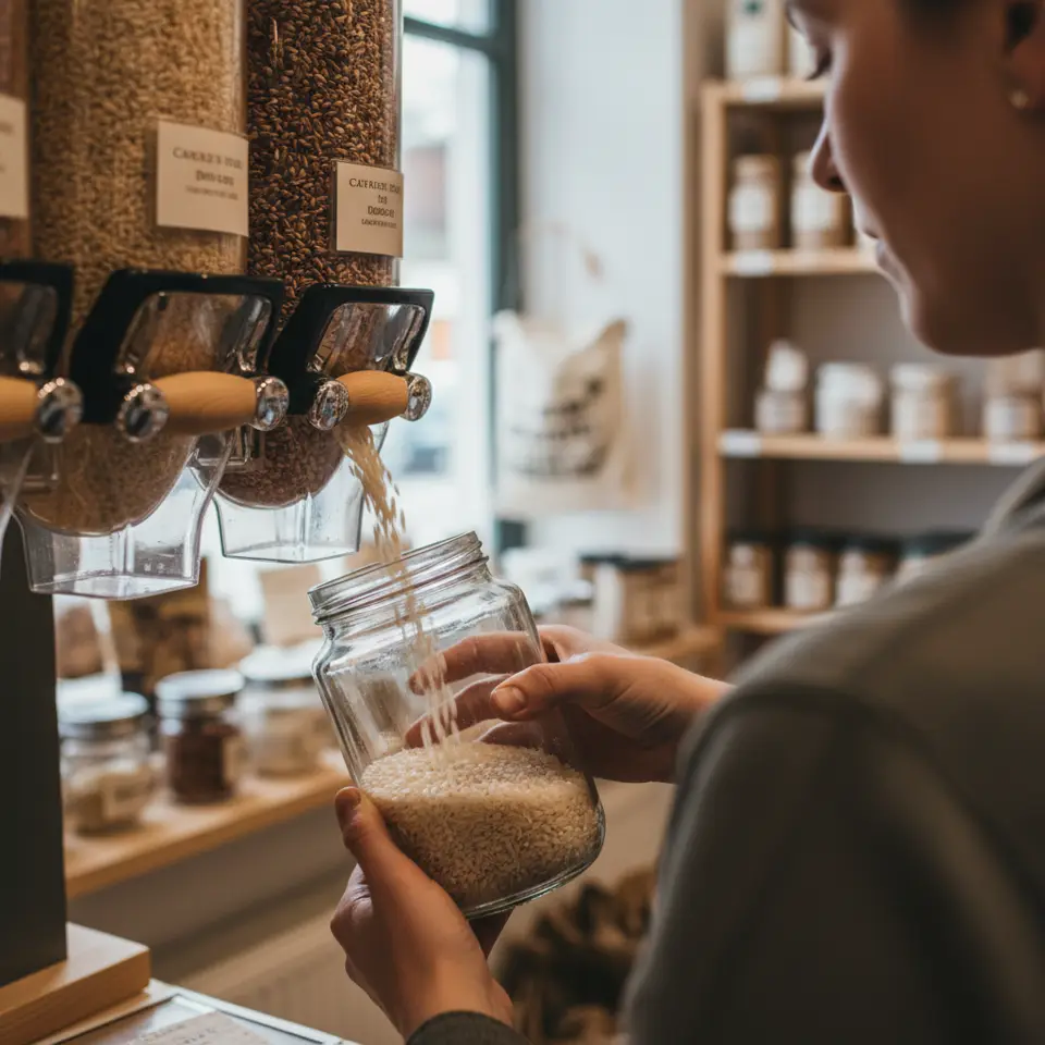 Reusable containers replacing single-use plastic items in a home kitchen