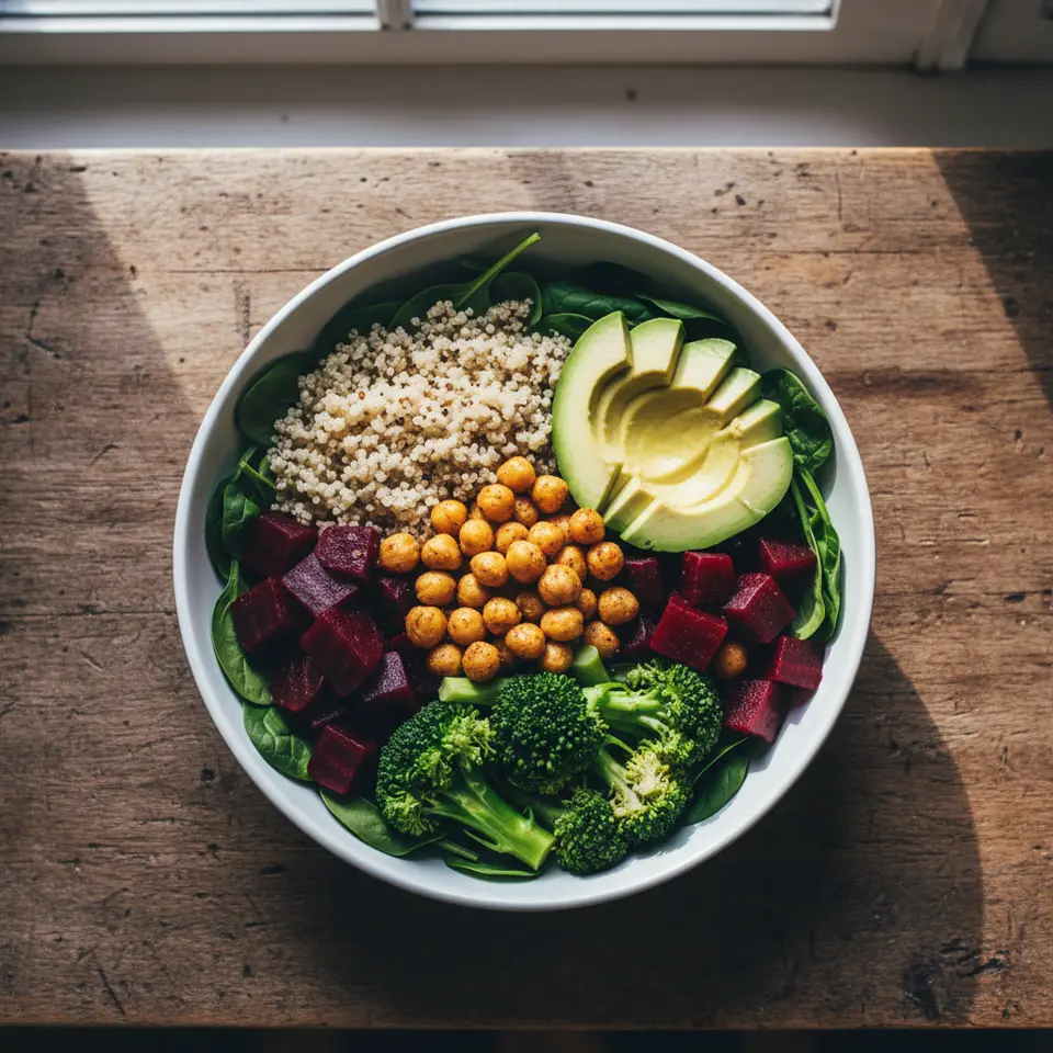 Une assiette saine et colorée illustrant les principes d'une alimentation végétale pour la prévention et la gestion du diabète de type 2.