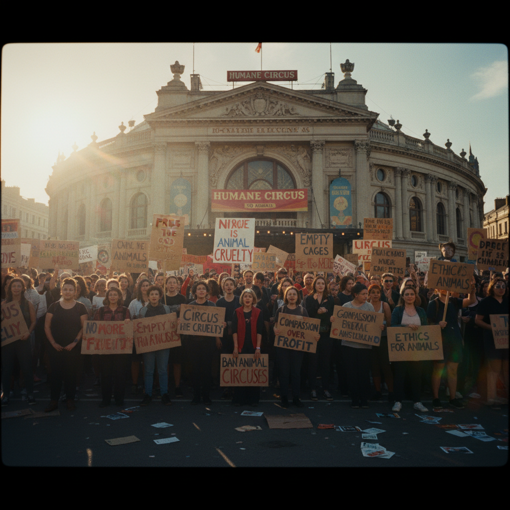 Активисты на митинге за запрет использования животных в цирках и индустрии развлечений.