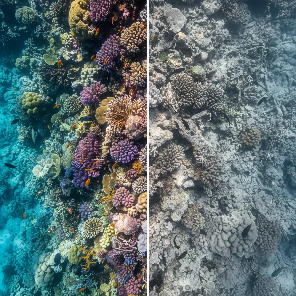 Ein geteiltes Bild eines Korallenriffs, das den dramatischen Verlust der ozeanischen Biodiversität durch Korallenbleiche und den Tod von Meereslebewesen veranschaulicht.