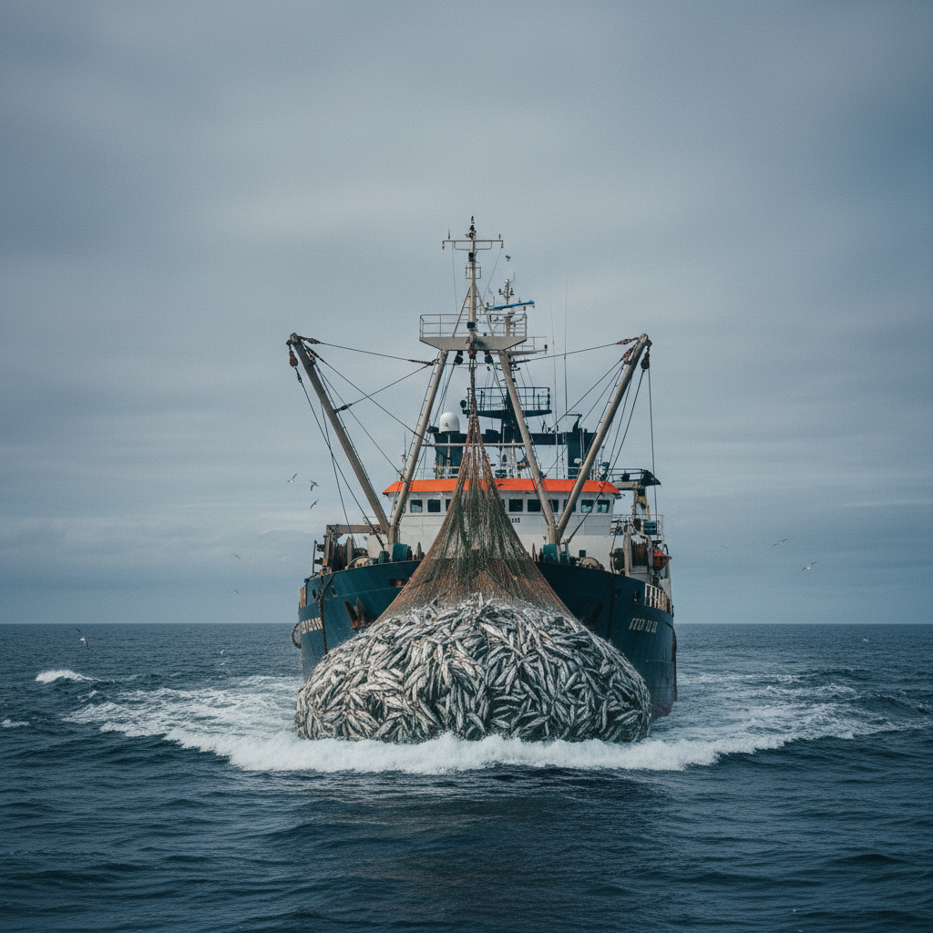 Ein industrieller Fischtrawler zieht ein volles Schleppnetz aus dem Ozean, ein Symbol für die Überfischung, die den marinen Artenverlust vorantreibt.