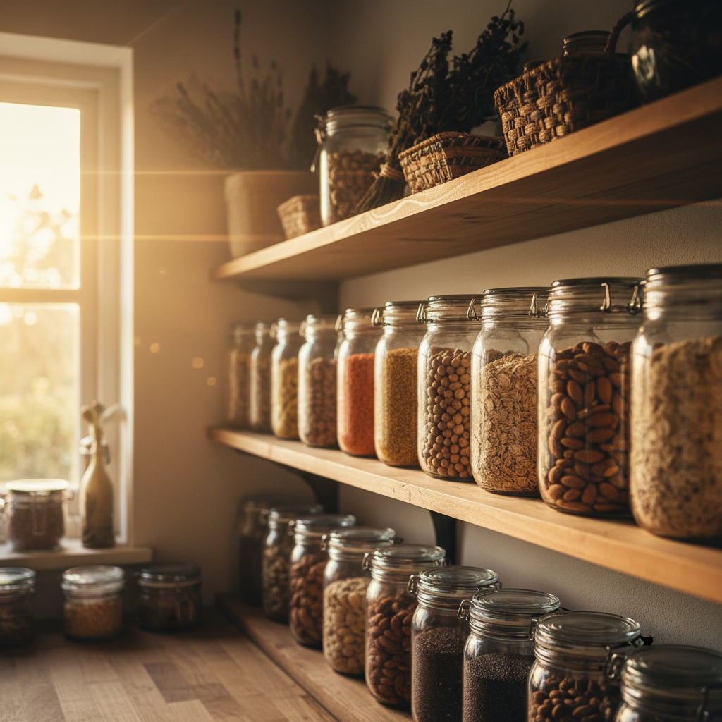Vegan menü hazırlama için temel kiler malzemeleri: baklagiller, tahıllar ve yemişler.