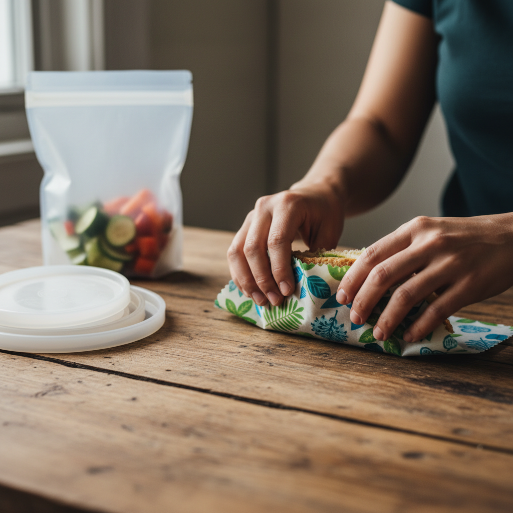 蜜蝋ラップやシリコンバッグなど、繰り返し使える食品保存アイテム。プラスチックフリーのキッチンを実践し、ゴミを削減する様子。