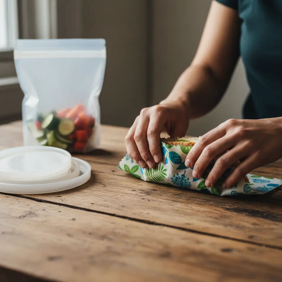 蜜蝋ラップやシリコンバッグなど、繰り返し使える食品保存アイテム。プラスチックフリーのキッチンを実践し、ゴミを削減する様子。