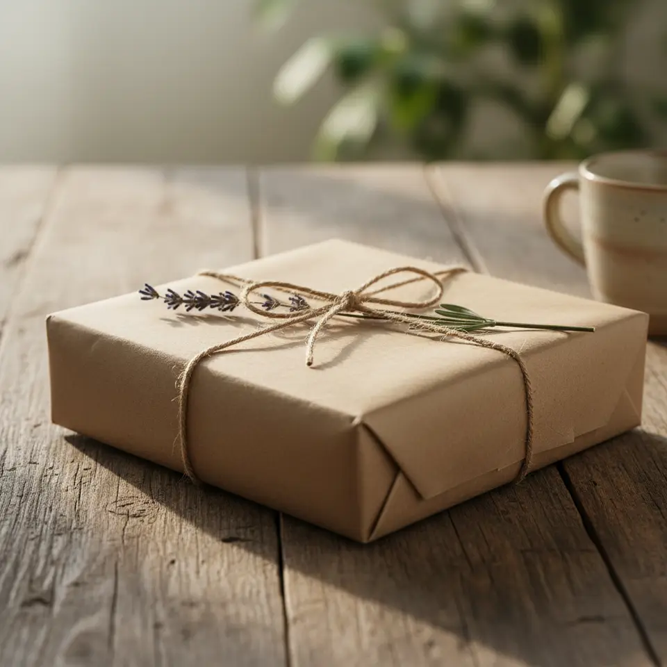 Un pacco regalo avvolto in carta riciclata e spago, a dimostrazione di come le idee regalo sostenibili possano essere anche eleganti e curate.