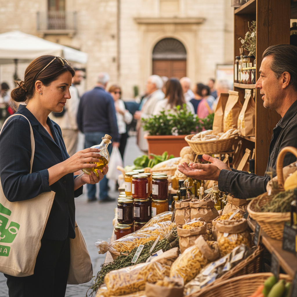 Un cliente sceglie regali ecologici da un piccolo produttore locale in un mercato, supportando l'economia circolare.