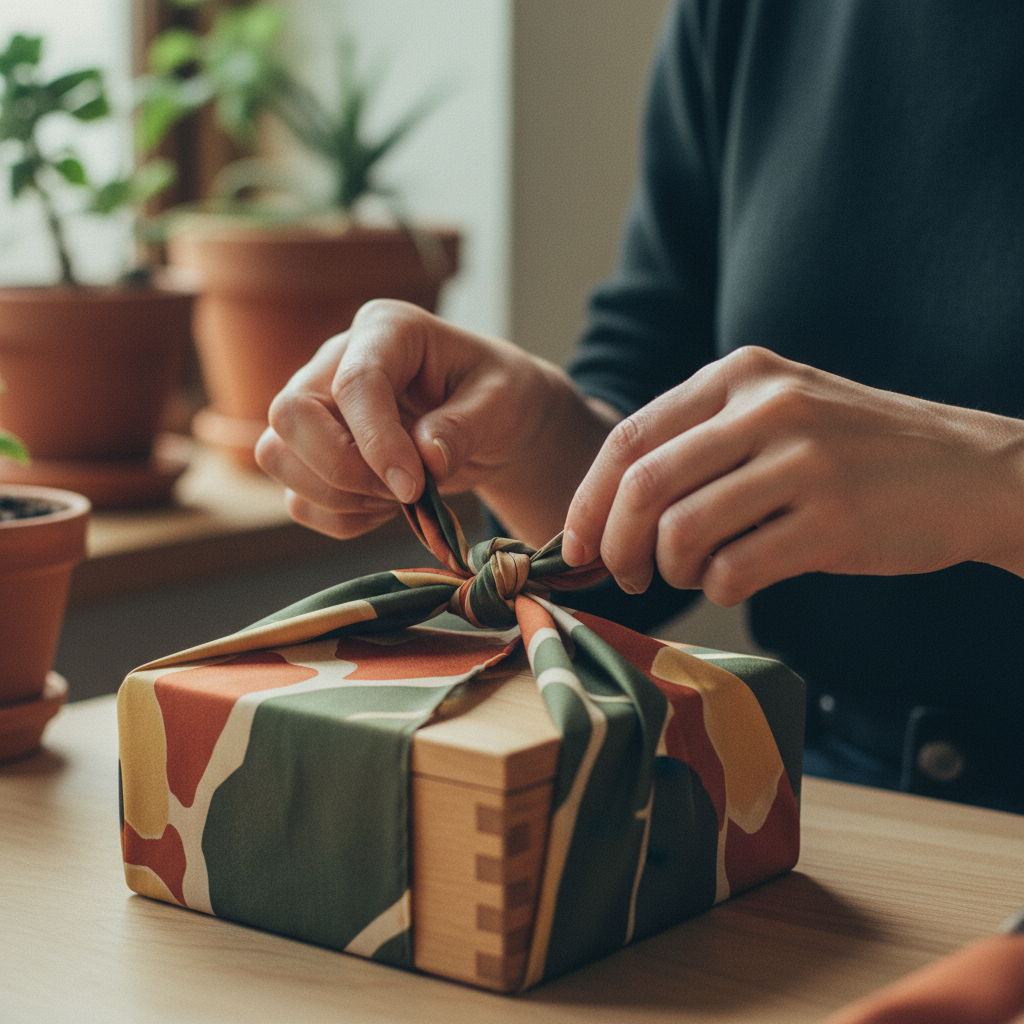 Dettaglio di mani che avvolgono un regalo usando la tecnica Furoshiki, un'alternativa di packaging per doni consapevoli.