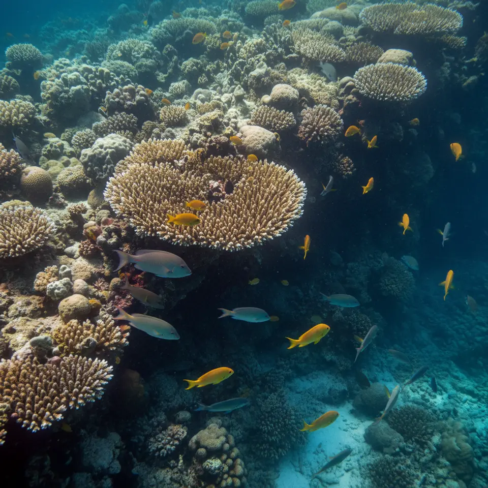 Pérdida de biodiversidad oceánica en climas tropicales visible en un arrecife de coral blanqueado en el Caribe.
