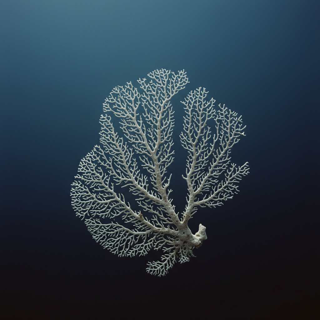 Um coral branqueado no fundo do oceano, ilustrando os efeitos devastadores da acidificação dos oceanos na vida marinha.