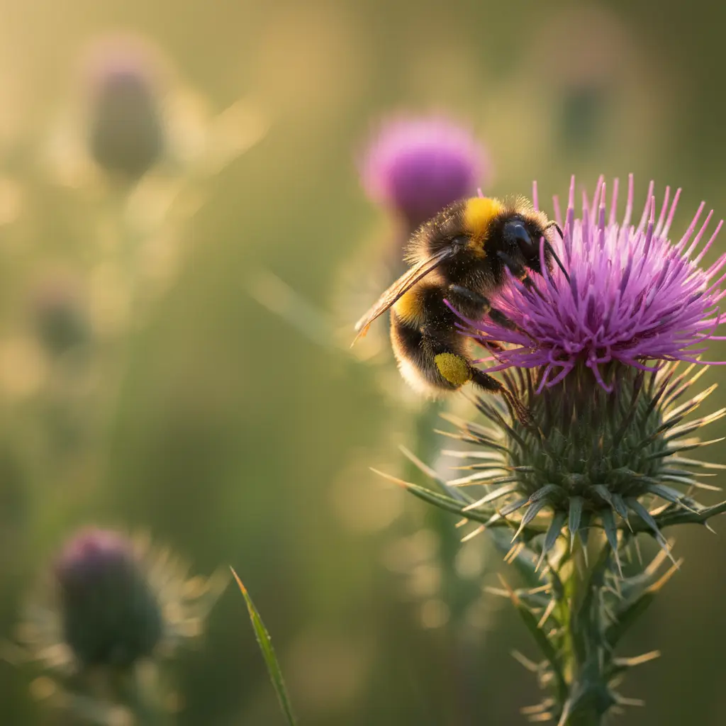 Un'ape selvatica, un bombo, raccoglie polline da un fiore viola, un'immagine che simboleggia l'urgenza di salvare le api selvatiche per la biodiversità.