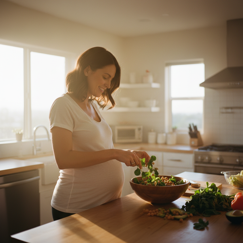Una mujer sonriente preparando una comida nutritiva como parte de su dieta vegana durante el embarazo, rodeada de ingredientes vegetales frescos.