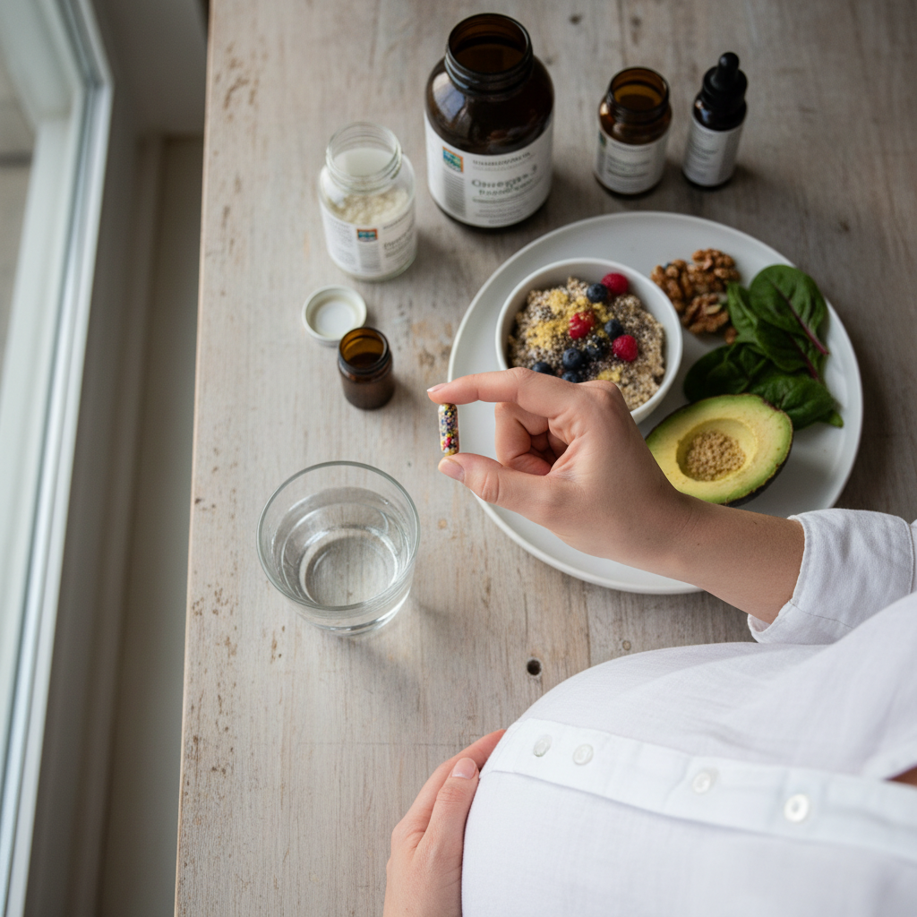 Mujer embarazada tomando los suplementos necesarios para un embarazo vegano seguro.