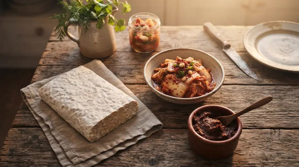 Tiga contoh makanan fermentasi nabati untuk kesehatan usus: tempe, kimchi, dan miso disajikan berdampingan di atas meja kayu.