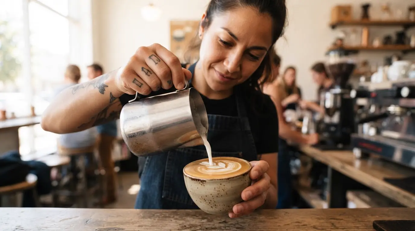 Cup of coffee with steamed oat milk at an animal sanctuary