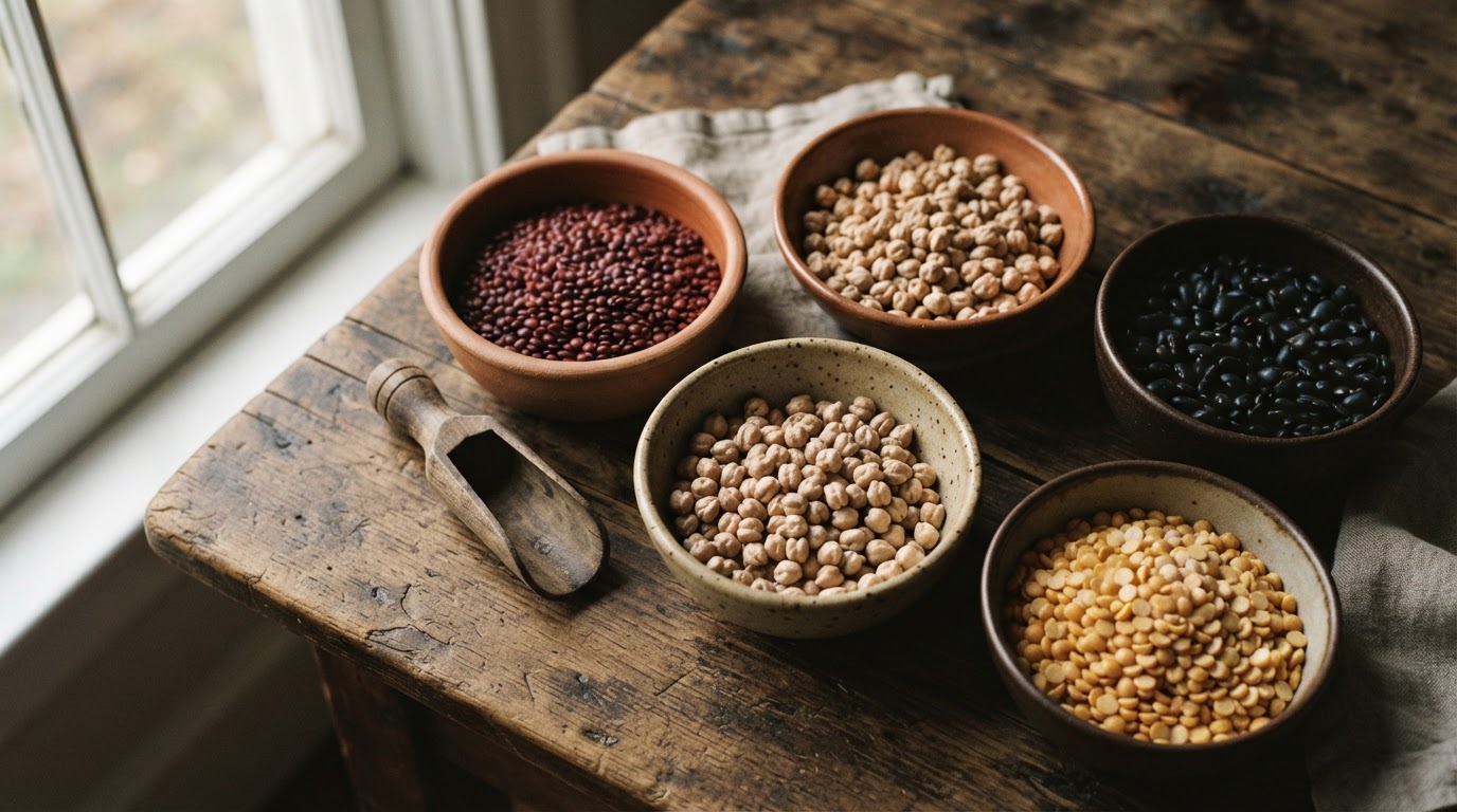 பருப்பு, கொண்டைக்கடலை மற்றும் பீன்ஸ் போன்ற தாவர அடிப்படையிலான புரதங்களின் பல்வேறு வகைகள் கிண்ணங்களில் காட்டப்பட்டுள்ளன.