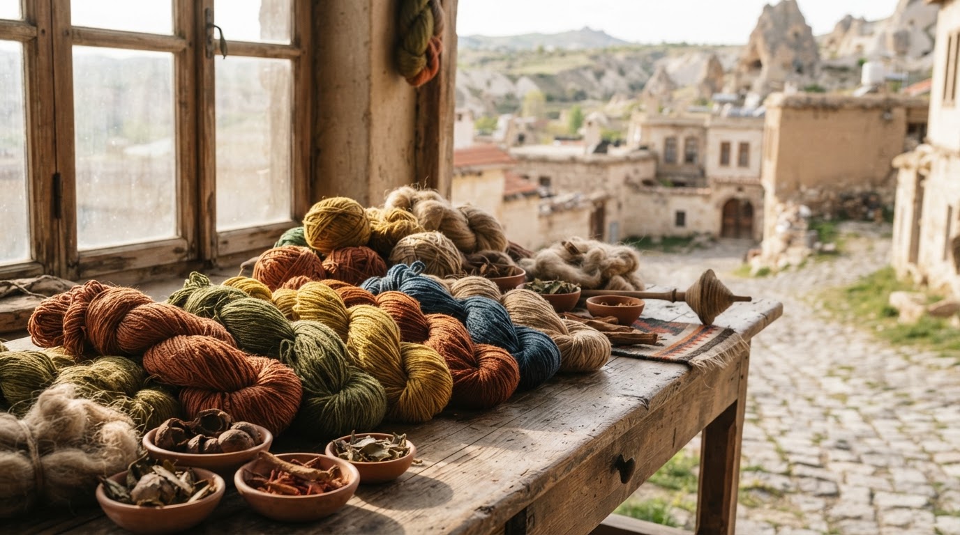 Doğal boyalarla renklendirilmiş bitkisel iplikler, etik tekstil üretimi.