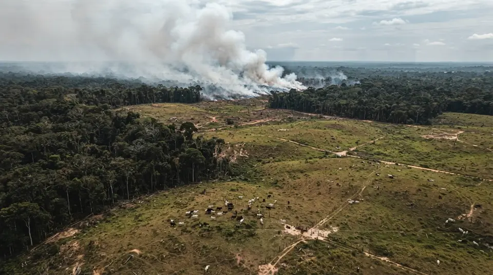 Picha ya anga inayoonyesha eneo la Amazon lililokatwa miti kwa ajili ya mifugo na ukataji miti, ikisisitiza mabadiliko ya ardhi.