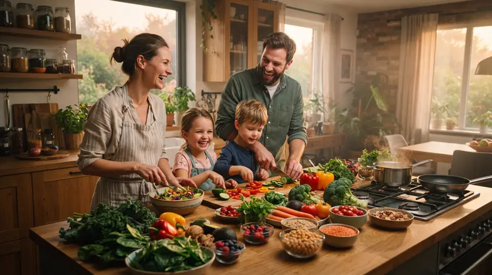 Famille souriante préparant un repas de nutrition végétalienne enfance avec des légumes frais.