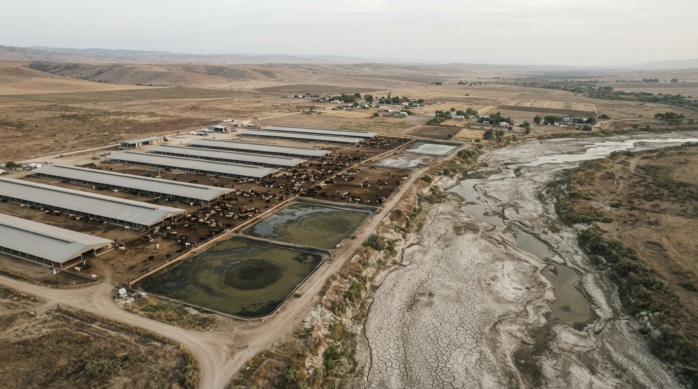 Vista aérea de una granja industrial adyacente a un río seco, ilustrando la huella hídrica de los alimentos.