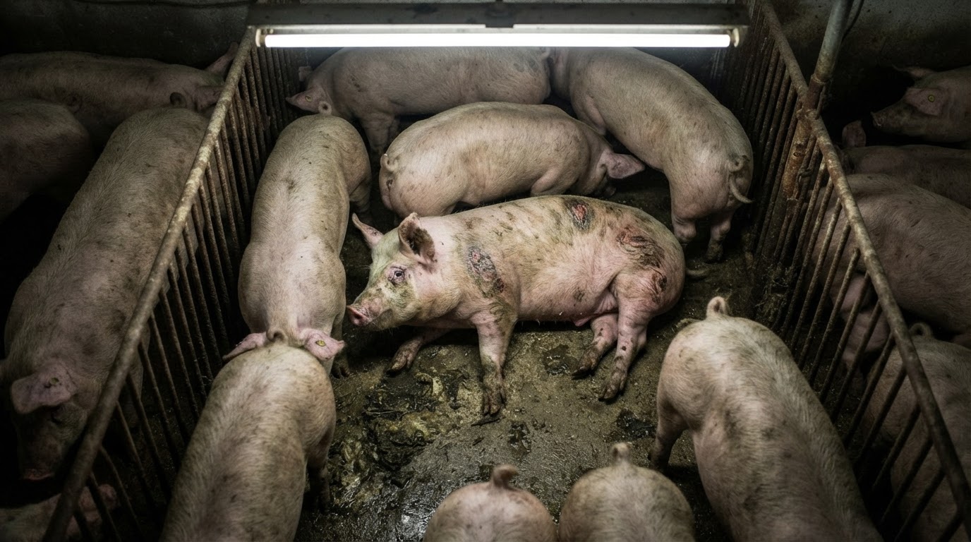 Babi dalam kandang padat menunjukkan kondisi stres dan cedera di peternakan industri